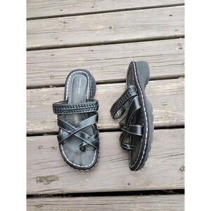 Vintage 90s y2k Predictions Wedge Sandals Black Strappy Toe Loop Woven Size 8.5W